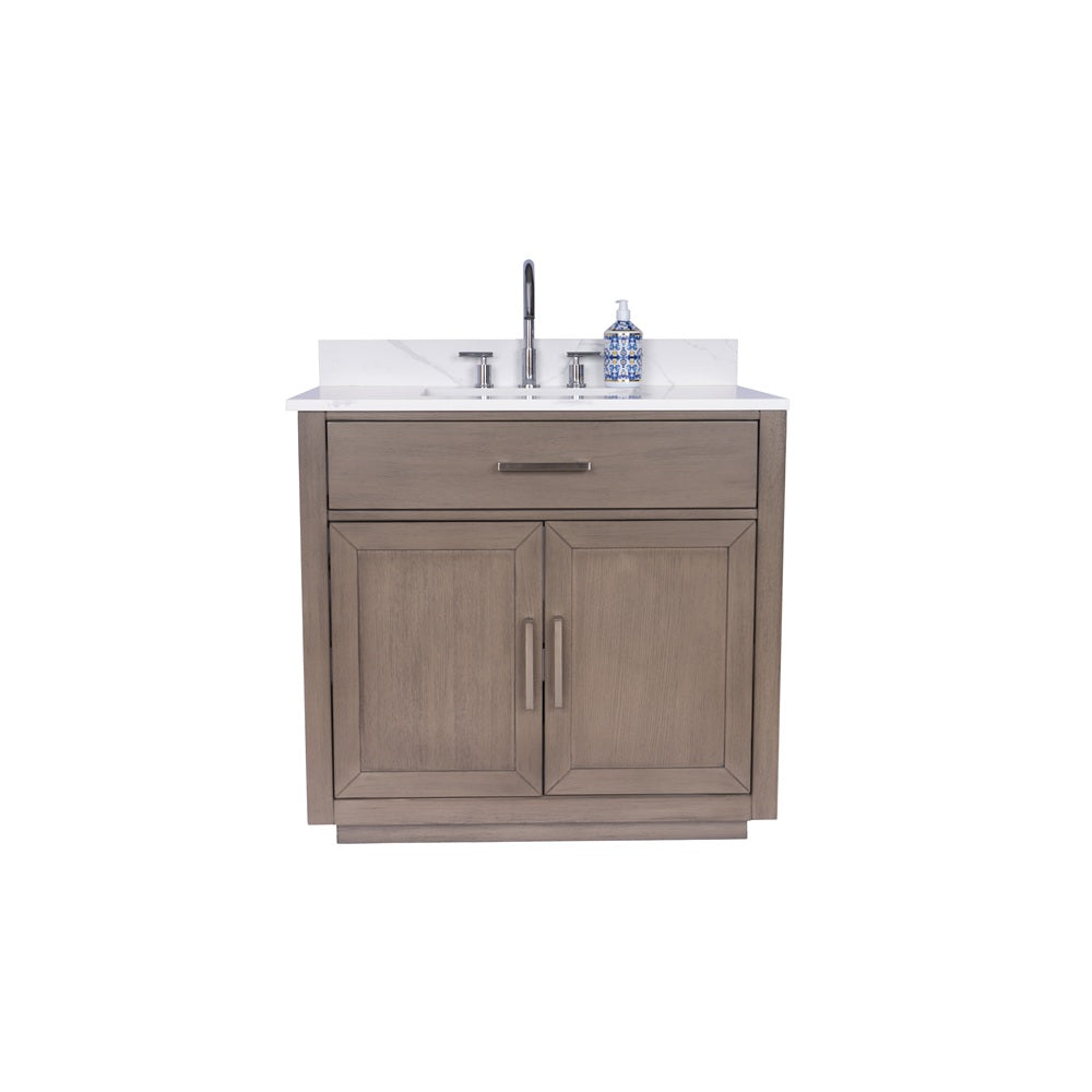 Mulholland 36" inch Single Sink Grey Oak Vanity Grey with Calacatta Quartz Top