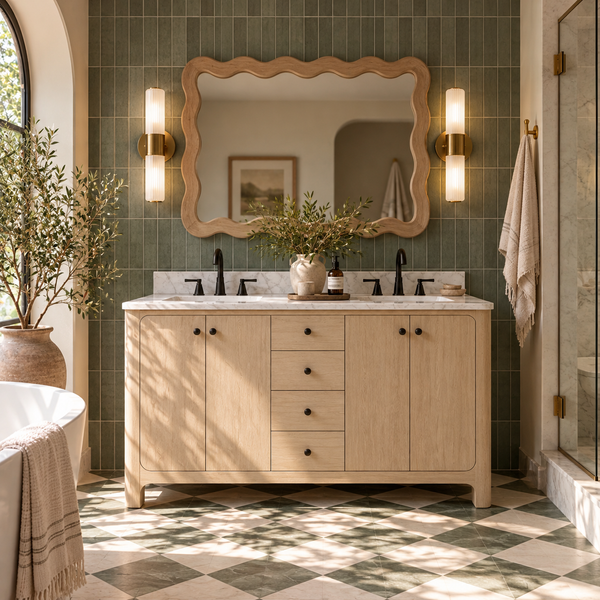 Canyon 60" Inch Light Oak Double Sink Vanity with Quartz Engineered Stone Top