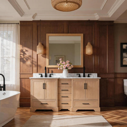 Nobilis 60" Heirloom Wheat double sink vanity with quartz engineered stone top in a bathroom