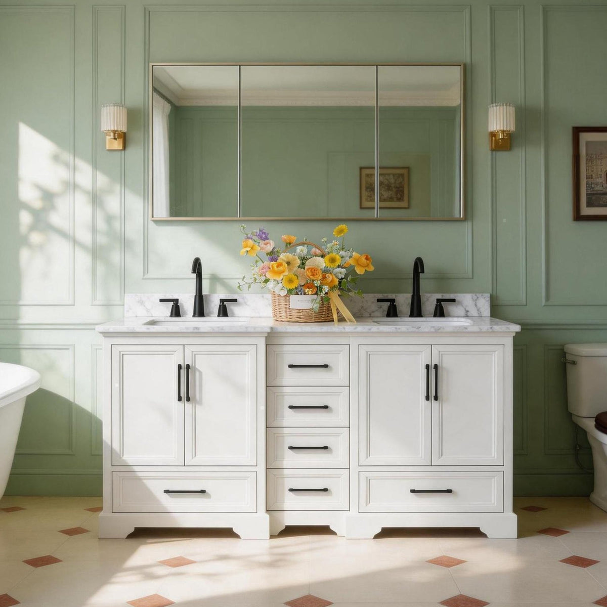 Nobilis 60" Ivory White double sink vanity with quartz engineered stone top in a bathroom