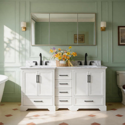 Nobilis 60" Ivory White double sink vanity with quartz engineered stone top in a bathroom