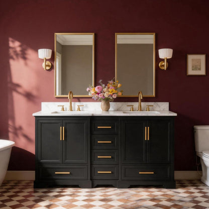 Nobilis 60" Matte Black double sink vanity with quartz engineered stone top in a bathroom