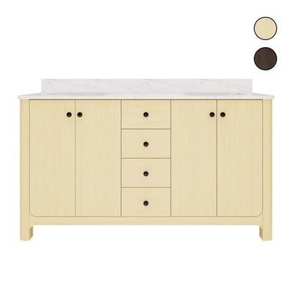 Canyon 60" Light Oak double sink vanity with quartz engineered stone top