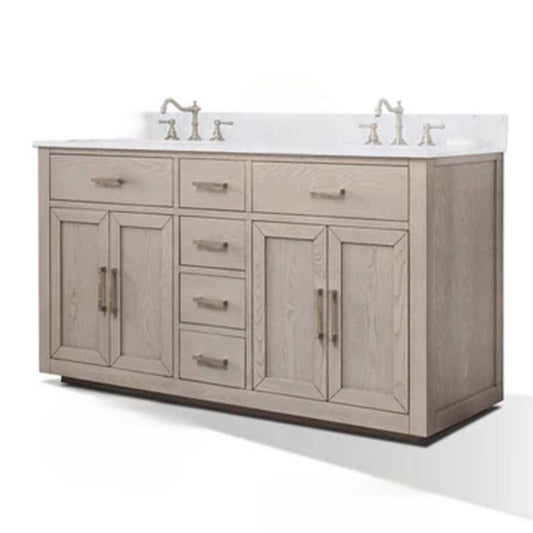 60" Mulholland Double Sink Grey Oak Vanity with Quartz Top