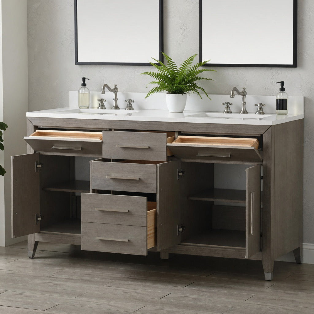 60" York grey oak Vanity with Quartz Top