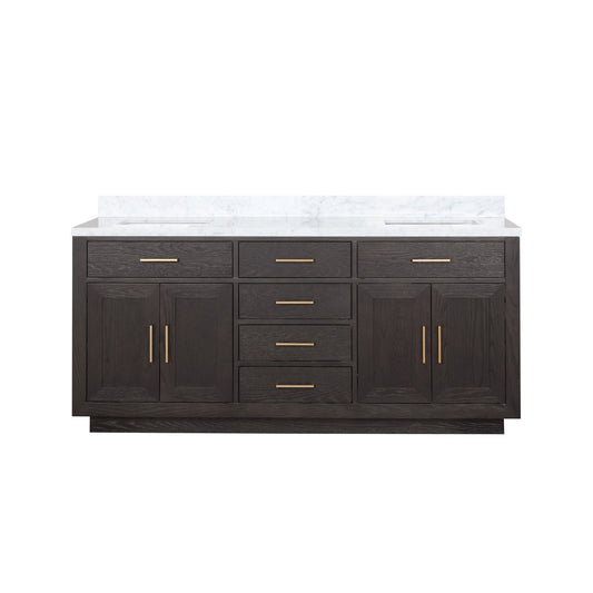 72" Lexora Double Sink Brown Oak Vanity with Marble Top