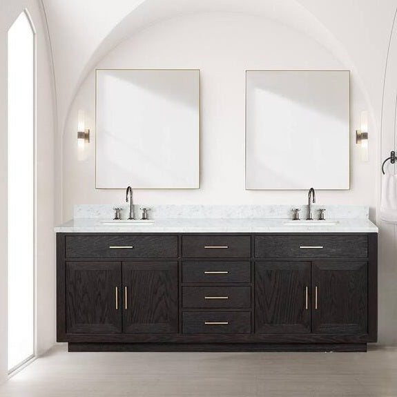Lexora Abbey 84" inch Double Sink Black Oak Vanity with Marble Top