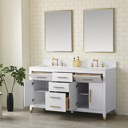 Springs 60" Inch White Double Sink Vanity with Quartz Top