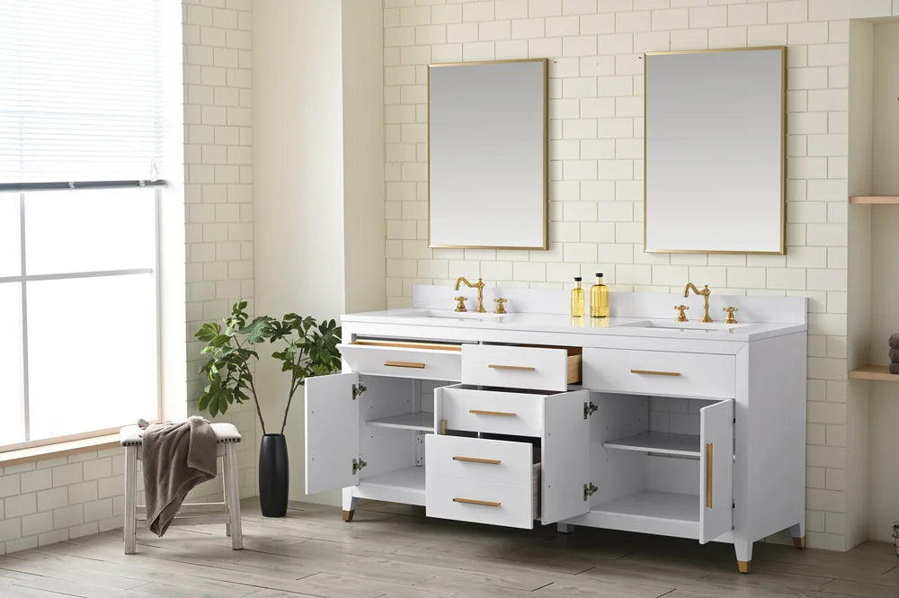 Springs 72" Inch White Double Sink Vanity with Quartz Top