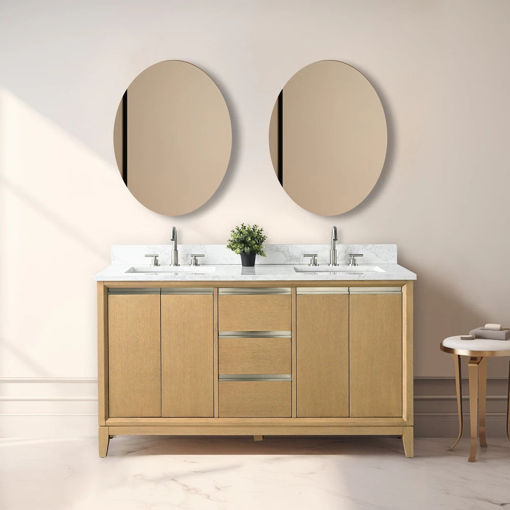 Vanity Art 60" inch Natural Oak Double Sink Vanity with Quartz Top