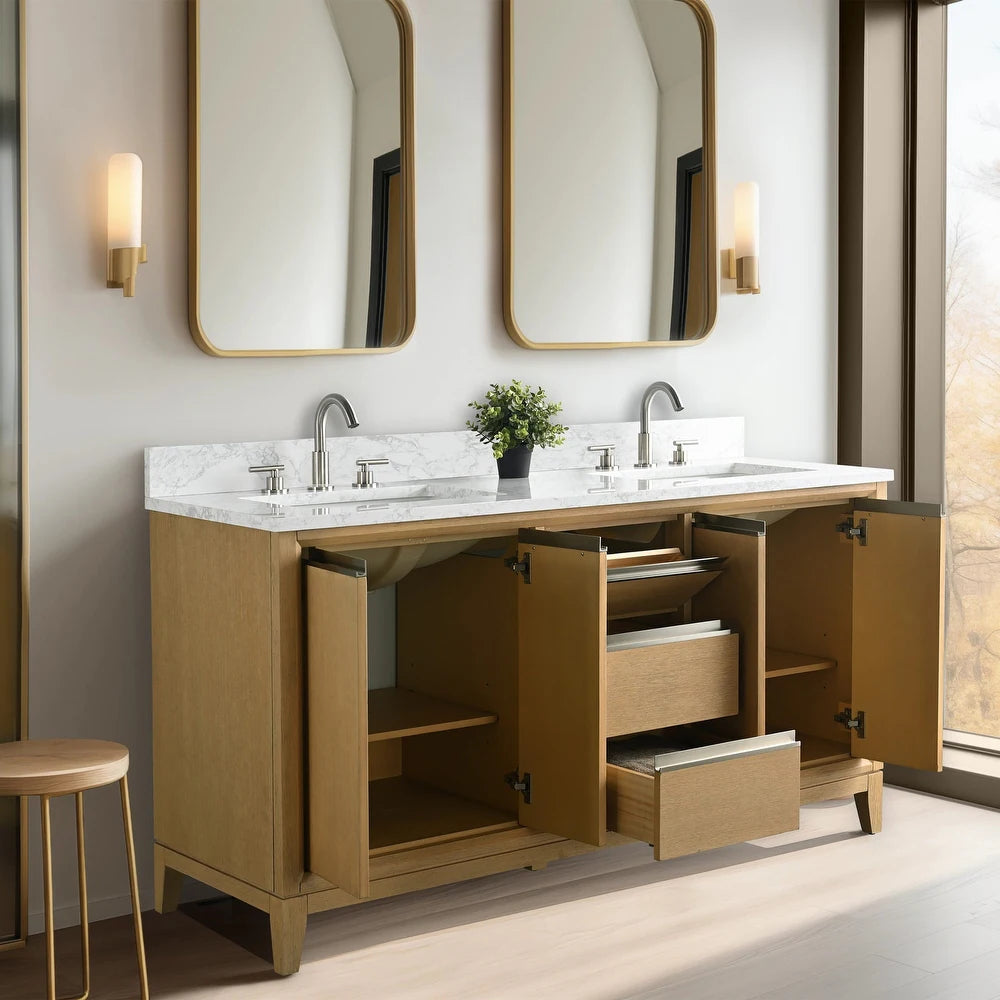 Vanity Art 60" inch Natural Oak Double Sink Vanity with Quartz Top