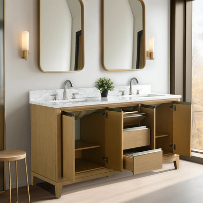 Vanity Art 60" inch Natural Oak Double Sink Vanity with Quartz Top