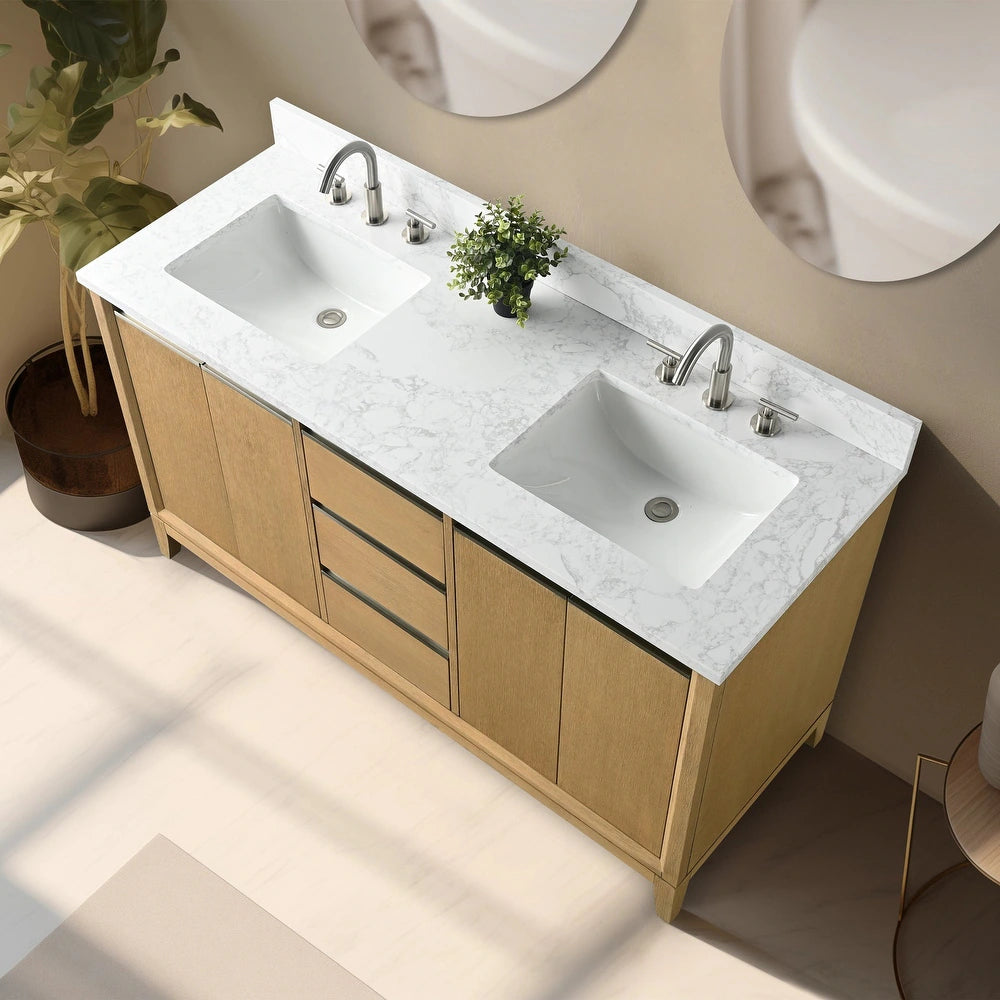 Vanity Art 60" inch Natural Oak Double Sink Vanity with Quartz Top