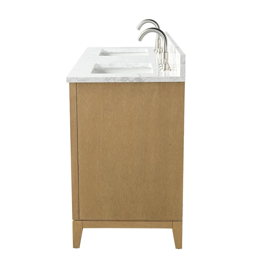 Vanity Art 60" inch Natural Oak Double Sink Vanity with Quartz Top