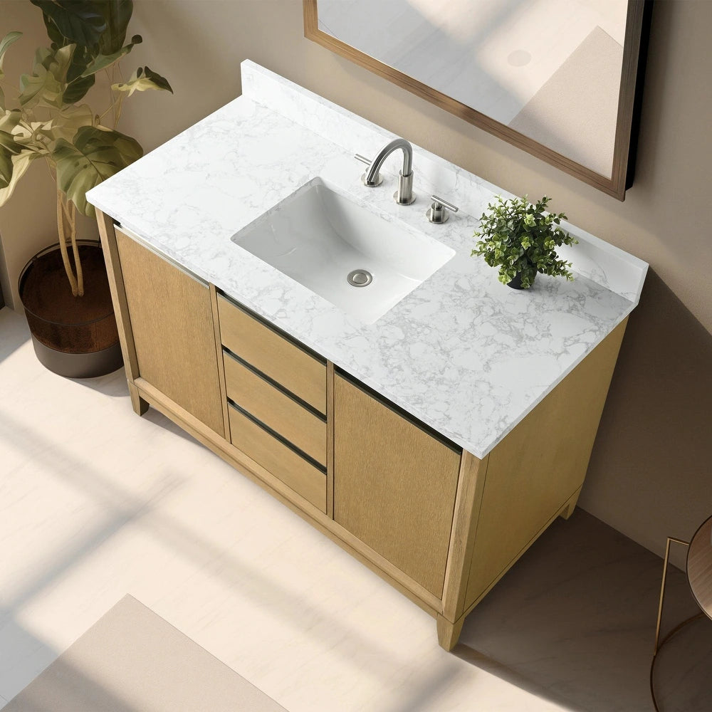 Vanity Art 48 inch Natural Oak Single Sink Vanity with Quartz Top