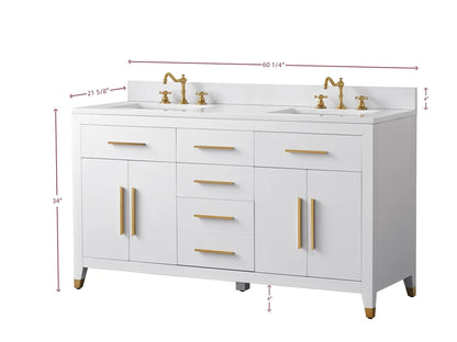 Springs 60" Inch White Double Sink Vanity with Quartz Top