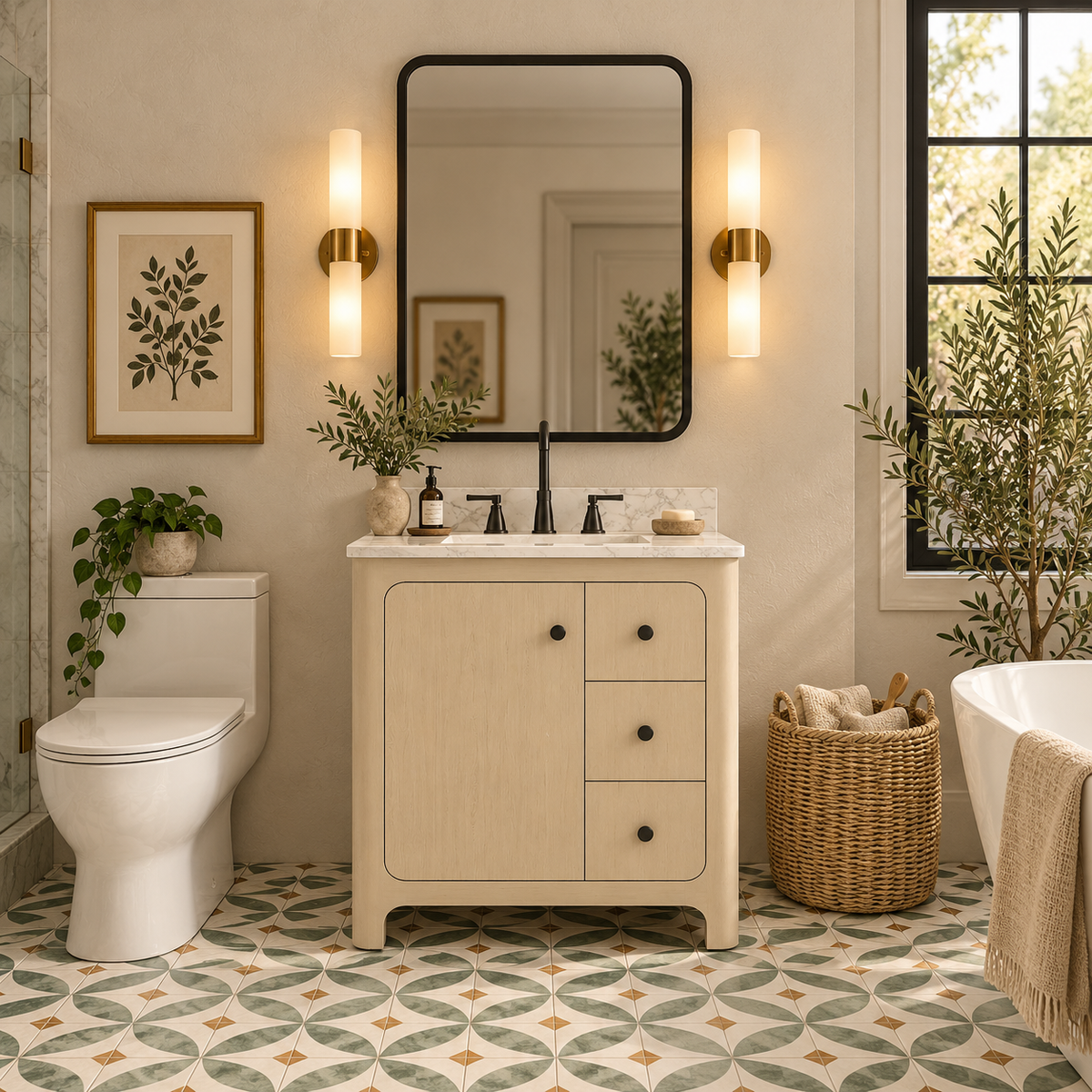 Canyon 30" Heirloom Wheat single sink vanity with quartz engineered stone top in a bathroom